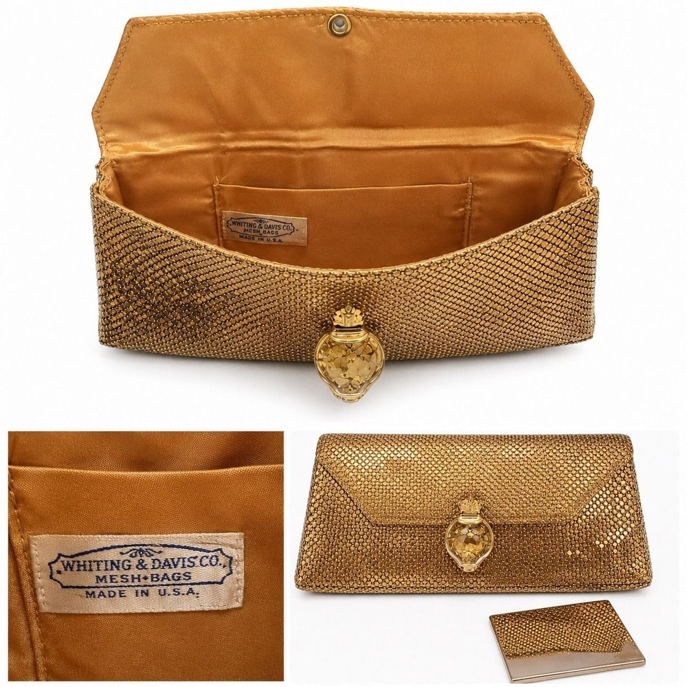 1940s Whiting & Davis Gold Mesh Clutch Bag Heart Crown Clasp with Mirror